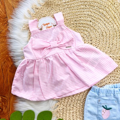 Conj. Regata Xadrez e Short Jeans Morangos - Rosa